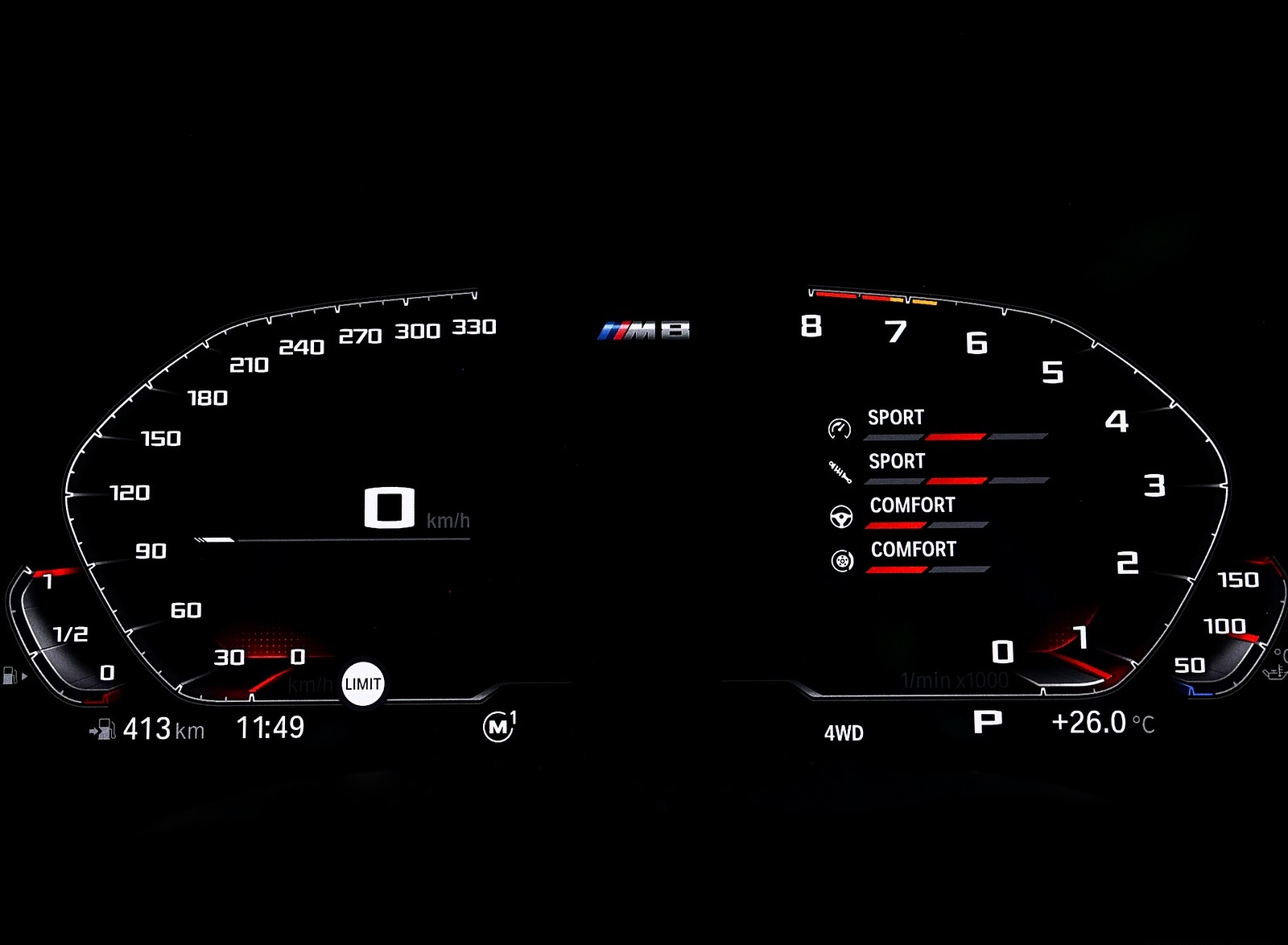 2020 BMW M8 Competition Coupe (Color: Frozen Marina Bay Blue) Digital Instrument Cluster Wallpapers #227 of 305