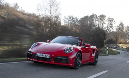 2021 Porsche 911 Turbo S Cabrio (Color: Guards Red) Front Three-Quarter Wallpapers 450x275 (2)