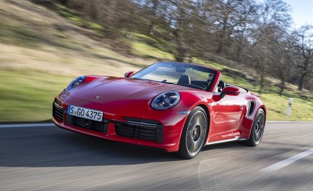 2021 Porsche 911 Turbo S Cabrio (Color: Guards Red) Front Three-Quarter Wallpapers 450x275 (4)