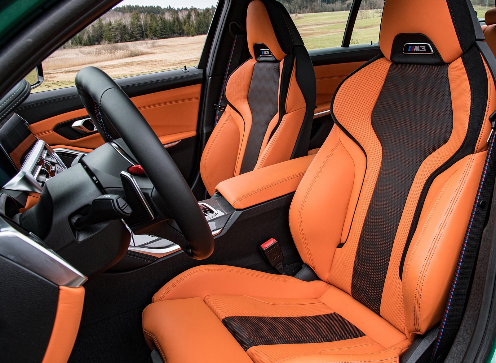 2021 BMW M3 Sedan Competition (Color: Isle of Men Green) Interior Front Seats Wallpapers #156 of 268