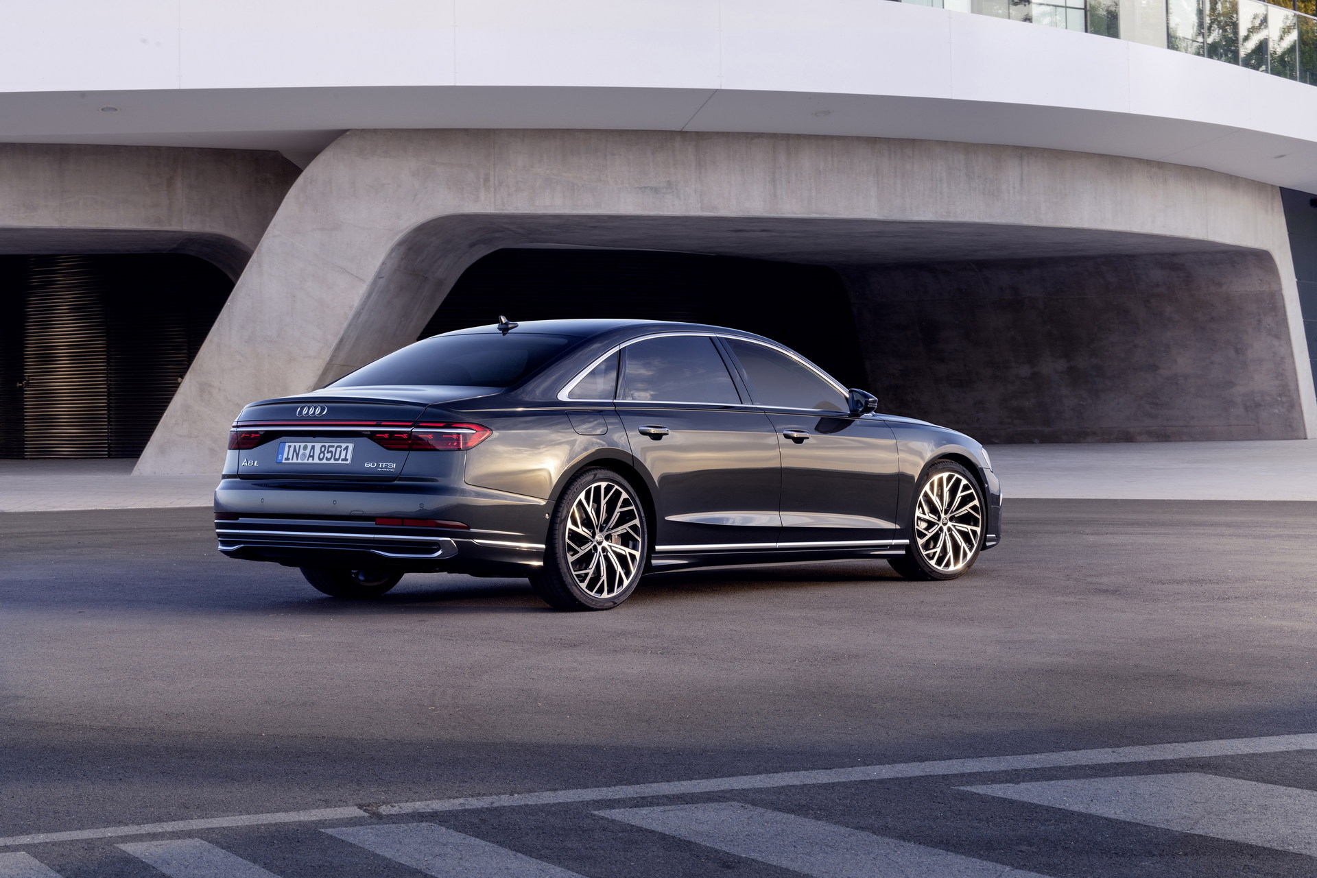 2022 Audi A8 L (Color: Manhattan Grey) Rear Three-Quarter Wallpapers (8)