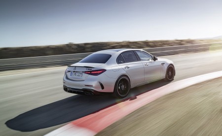 2023 Mercedes-AMG C 63 S E Performance Sedan (Color: High Tech Silver) Rear Three-Quarter Wallpapers 450x275 (10)