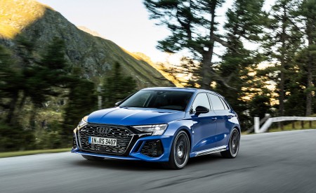 2023 Audi RS 3 Sportback Performance Edition (Color: Nogaro Blue Pearl Effect) Front Three-Quarter Wallpapers 450x275 (18)