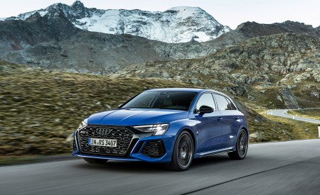 2023 Audi RS 3 Sportback Performance Edition (Color: Nogaro Blue Pearl Effect) Front Three-Quarter Wallpapers 450x275 (21)