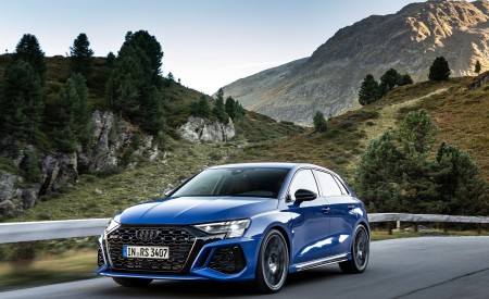 2023 Audi RS 3 Sportback Performance Edition (Color: Nogaro Blue Pearl Effect) Front Three-Quarter Wallpapers 450x275 (2)