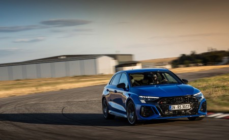 2023 Audi RS 3 Sportback Performance Edition (Color: Nogaro Blue Pearl Effect) Front Three-Quarter Wallpapers 450x275 (29)