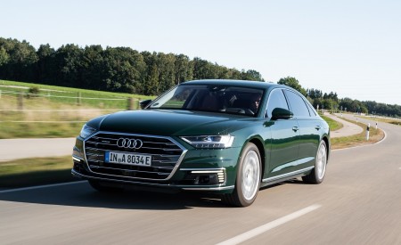 2020 Audi A8 L 60 TFSI e quattro Plug-In Hybrid (Color: Goodwood Green) Front Three-Quarter Wallpapers 450x275 (2)