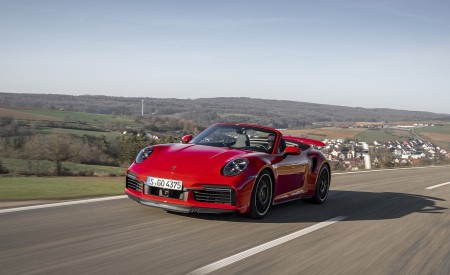 2021 Porsche 911 Turbo S Cabrio (Color: Guards Red) Front Three-Quarter Wallpapers 450x275 (10)