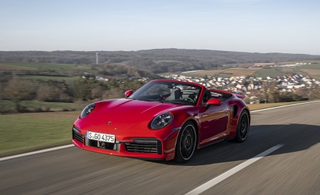 2021 Porsche 911 Turbo S Cabrio (Color: Guards Red) Front Three-Quarter Wallpapers 450x275 (11)
