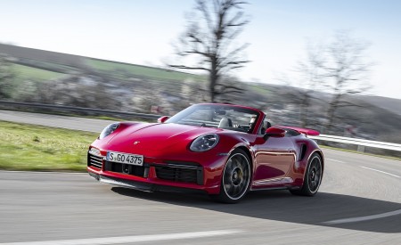2021 Porsche 911 Turbo S Cabrio (Color: Guards Red) Front Three-Quarter Wallpapers 450x275 (3)