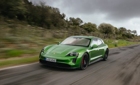 2022 Porsche Taycan GTS Sport Turismo (Color: Mamba Green Metallic) Front Three-Quarter Wallpapers 450x275 (3)