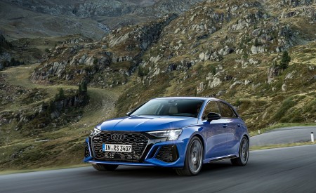 2023 Audi RS 3 Sportback Performance Edition (Color: Nogaro Blue Pearl Effect) Front Three-Quarter Wallpapers 450x275 (4)