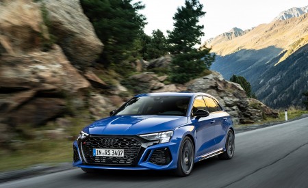2023 Audi RS 3 Sportback Performance Edition (Color: Nogaro Blue Pearl Effect) Front Three-Quarter Wallpapers 450x275 (6)